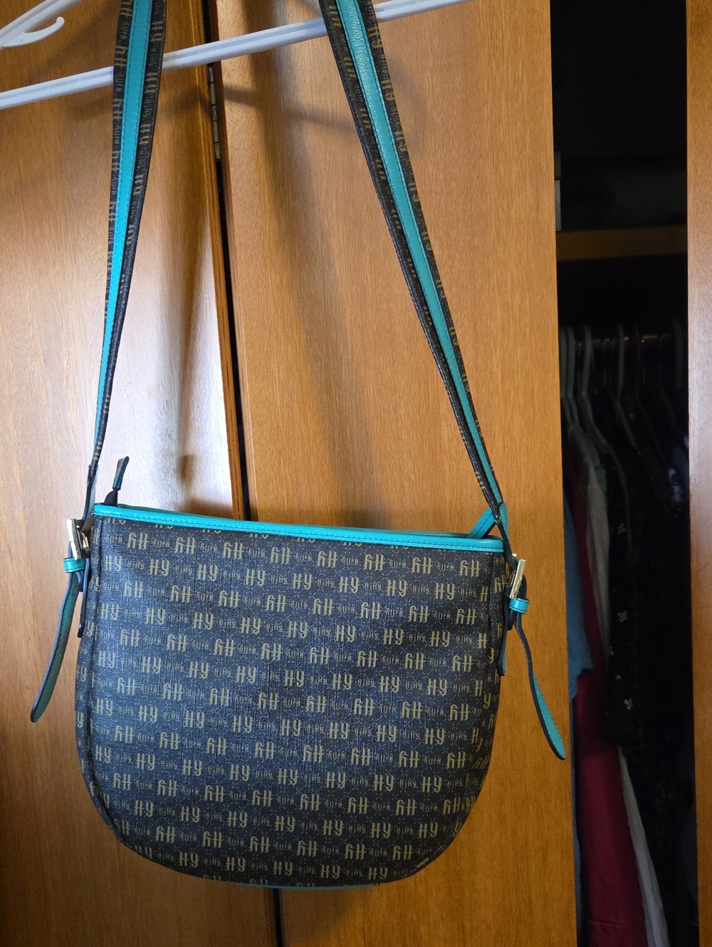 Monogram Crossbody Bag with Teal Trim